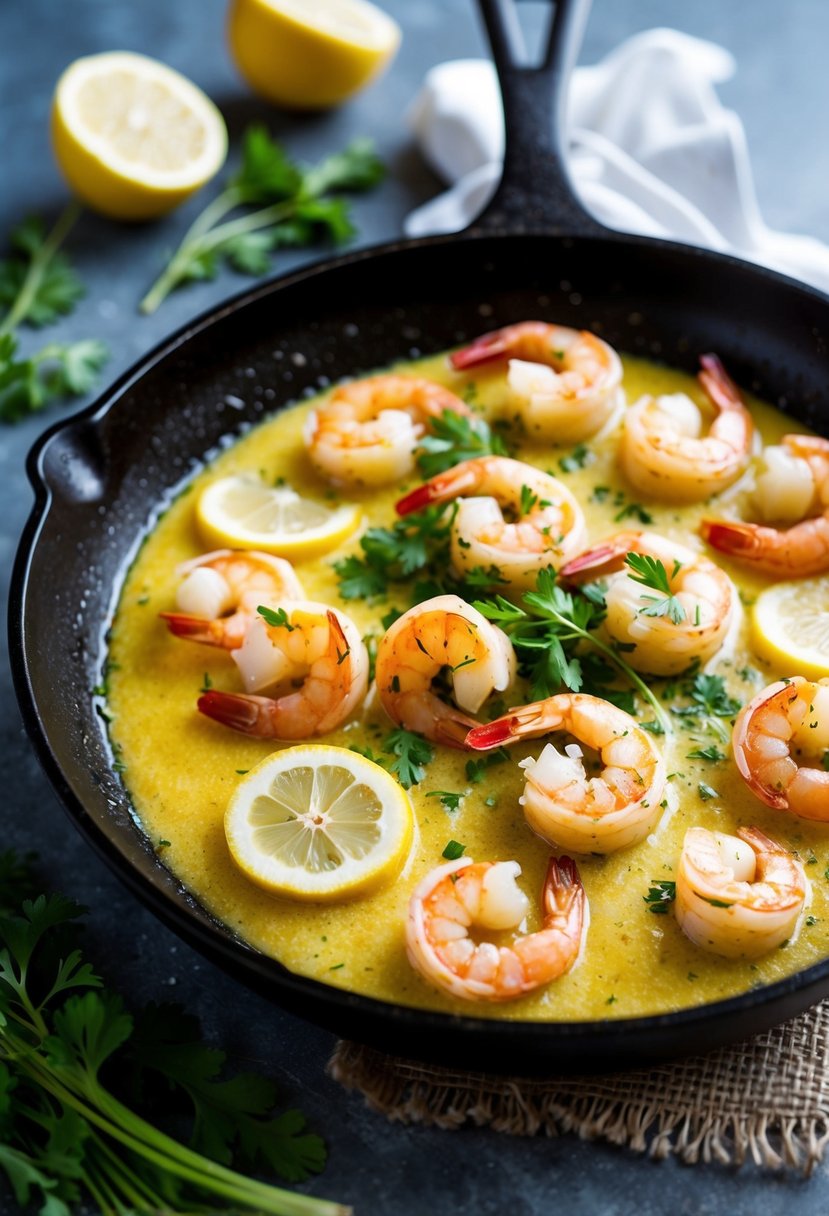 A sizzling skillet of garlic butter shrimp scampi with fresh herbs and lemon slices