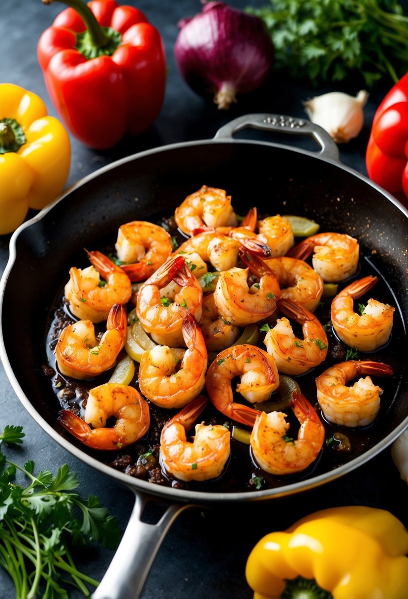 A sizzling skillet of Cajun blackened shrimp, surrounded by colorful bell peppers and onions, with a sprinkle of fresh herbs on top