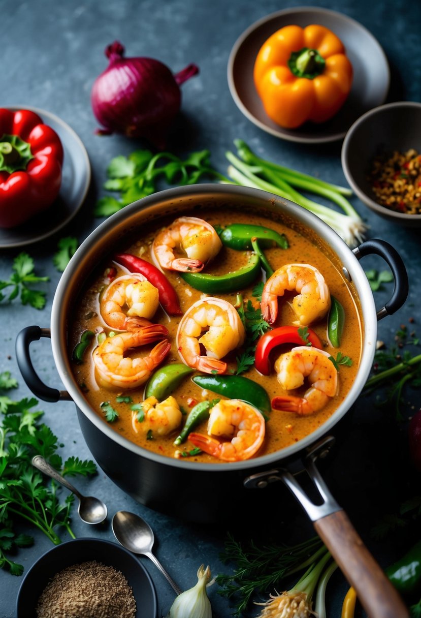 A steaming pot of spicy Thai shrimp curry simmering with vibrant red and green peppers, onions, and tender shrimp, surrounded by fragrant herbs and spices