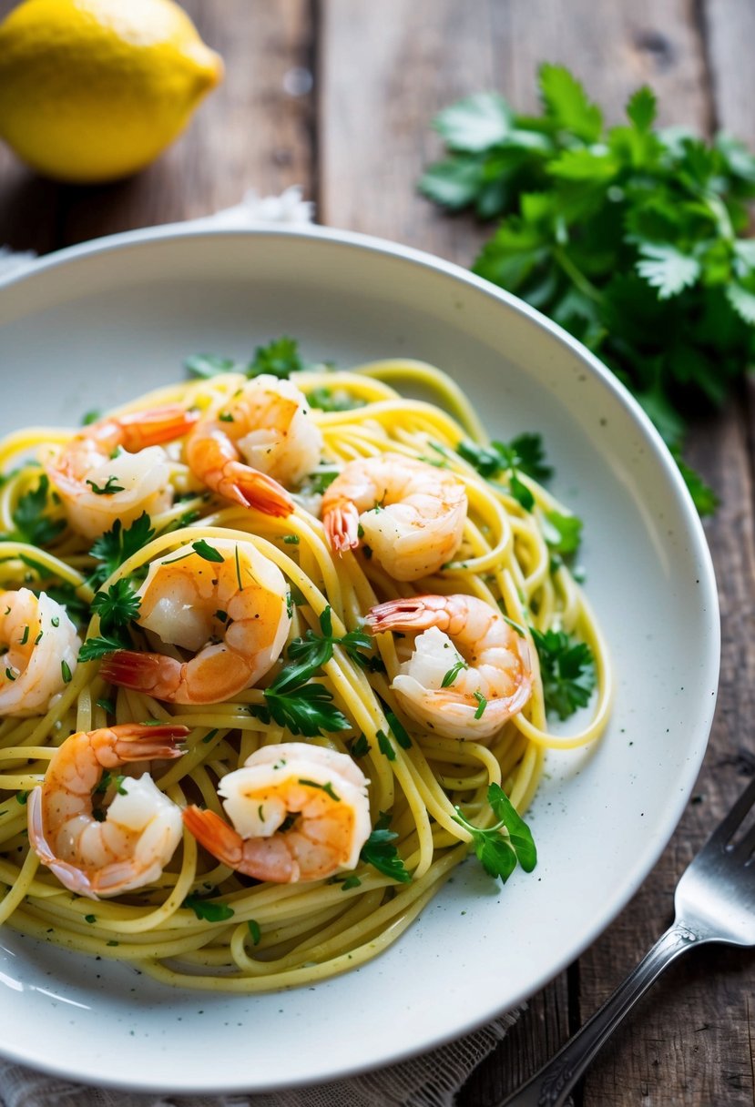 A steaming plate of lemon herb shrimp pasta on a rustic wooden table. Fresh shrimp, al dente pasta, and vibrant herbs are the focal point