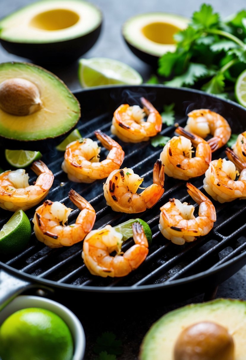 A sizzling grill with shrimp cooking, surrounded by vibrant ingredients like avocado, lime, and cilantro, ready to be assembled into delicious tacos