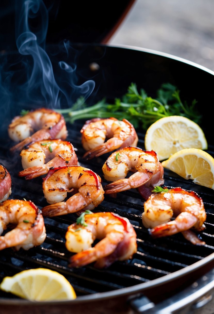 Bacon-wrapped shrimp on a sizzling grill, smoke rising, with a sprinkle of herbs and lemon wedges nearby