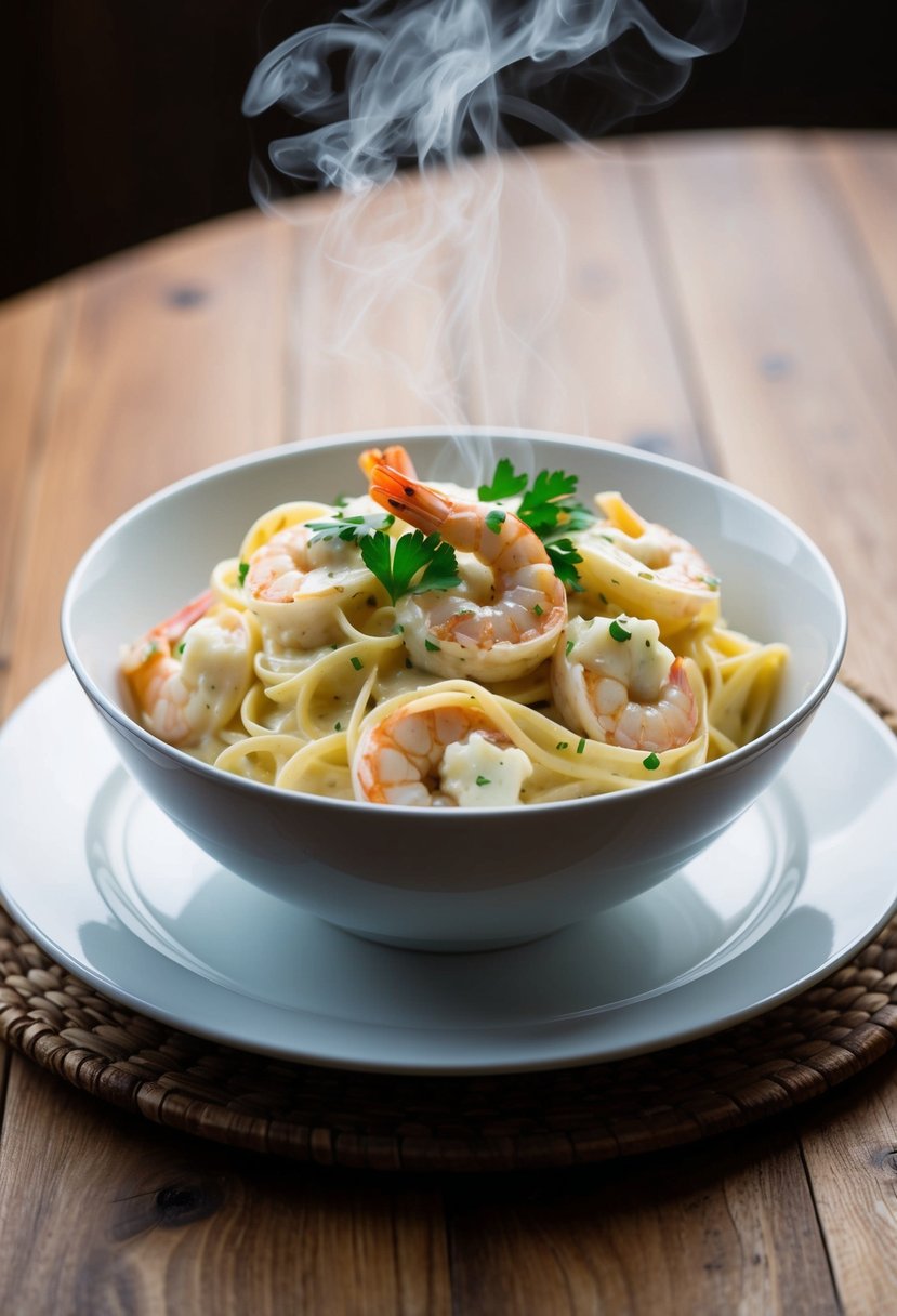 A steaming bowl of creamy shrimp alfredo pasta, garnished with fresh parsley and served on a white plate atop a wooden table