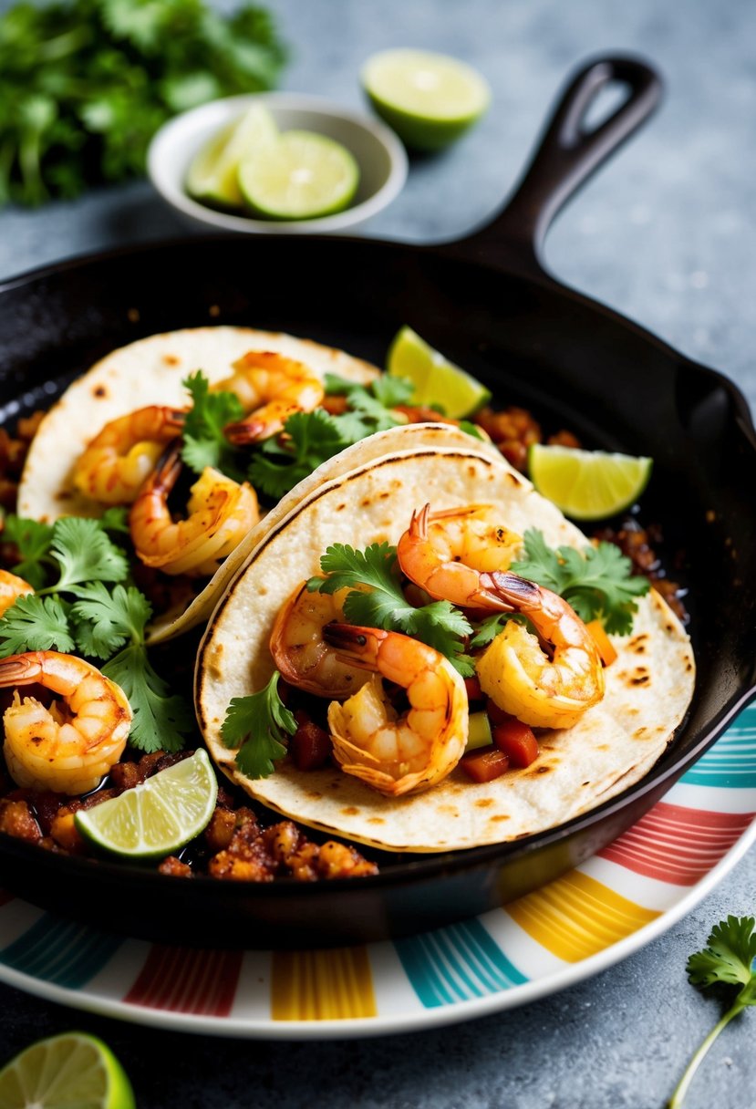 A sizzling skillet of spicy shrimp tacos, garnished with fresh cilantro and lime wedges, served on a colorful plate