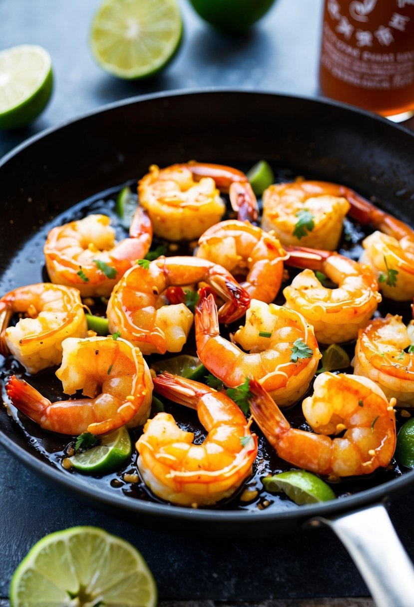 A sizzling skillet of succulent shrimp coated in zesty Sriracha lime sauce