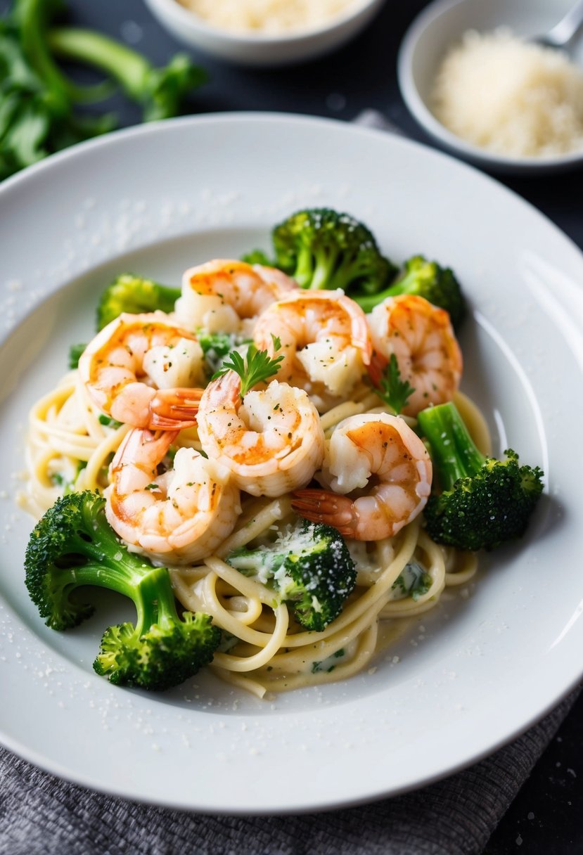 A steaming plate of shrimp alfredo with broccoli, garnished with freshly grated parmesan cheese and cracked black pepper