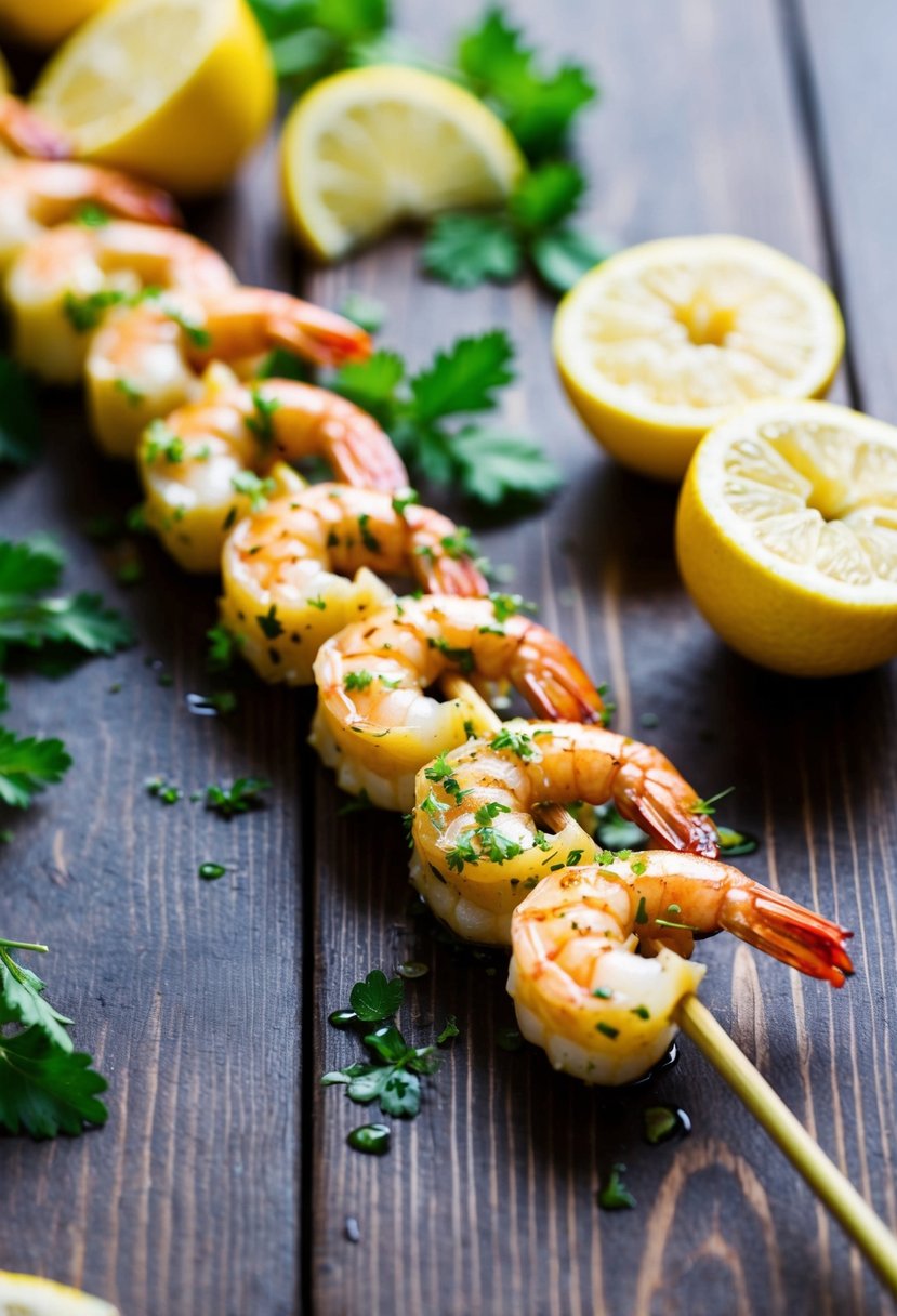 A wooden skewer holds succulent shrimp coated in a zesty lemon herb marinade, ready for grilling