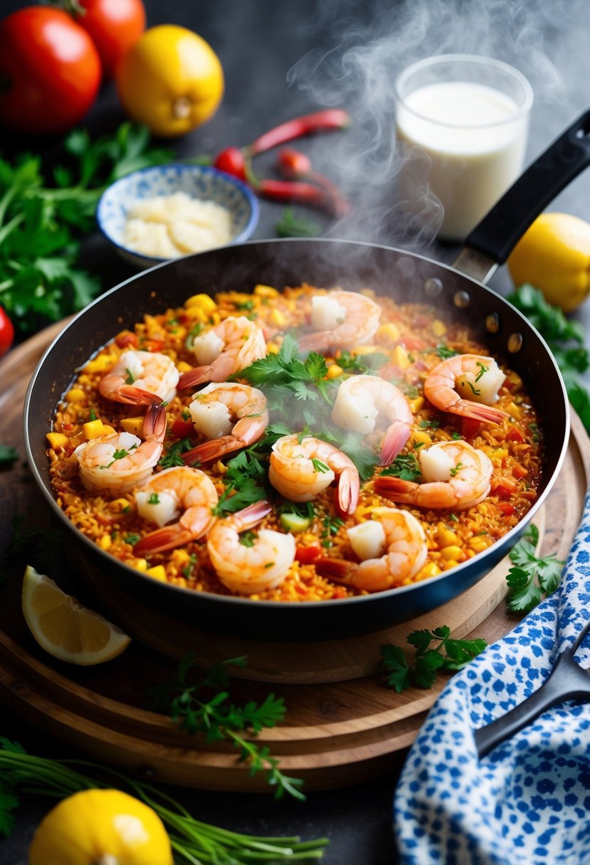 A steaming pan of shrimp paella surrounded by colorful ingredients and herbs