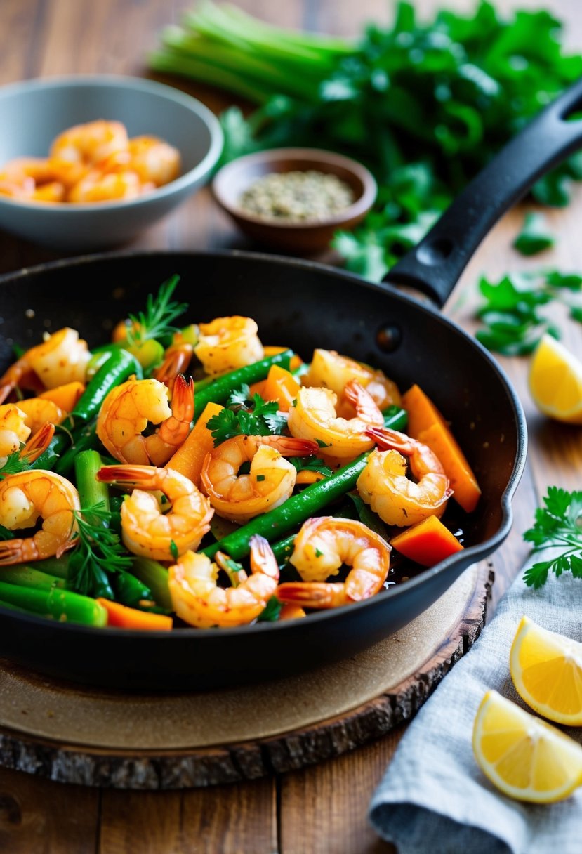 A sizzling skillet of honey garlic shrimp stir-fry with colorful vegetables and aromatic herbs