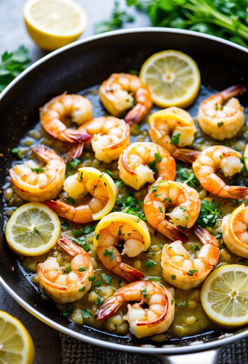 A sizzling skillet of shrimp piccata surrounded by vibrant lemon slices and fresh herbs