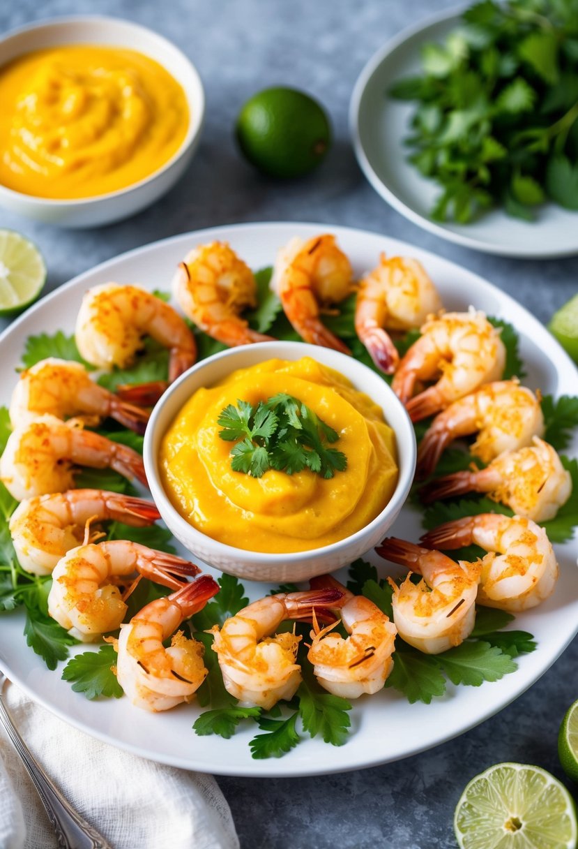 Golden coconut shrimp arranged around a vibrant mango sauce, garnished with fresh herbs and lime wedges on a white serving platter