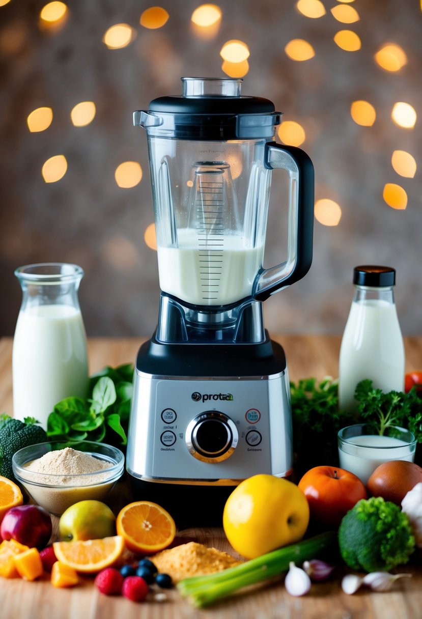 A blender surrounded by various ingredients such as fruits, vegetables, protein powder, and milk or water