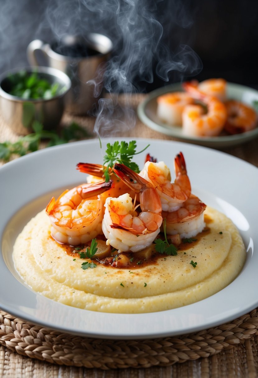 A steaming plate of shrimp and grits, with sizzling shrimp on a bed of creamy grits, garnished with fresh herbs and a sprinkle of spices