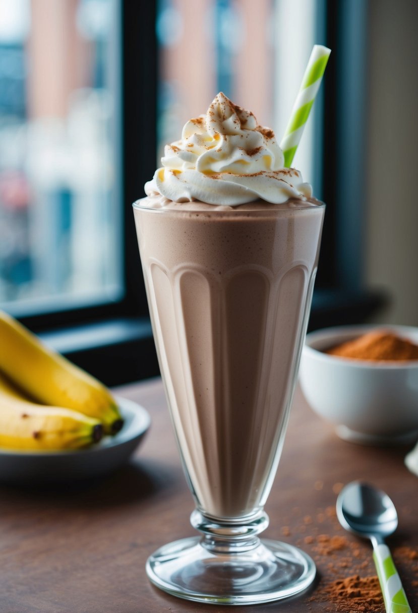 A tall glass filled with a creamy chocolate banana protein shake, topped with a dollop of whipped cream and a sprinkle of cocoa powder