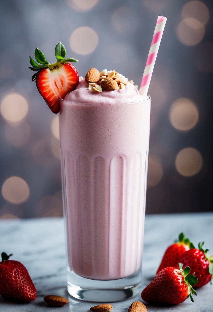 A tall glass filled with a creamy pink protein shake, garnished with sliced strawberries and almonds