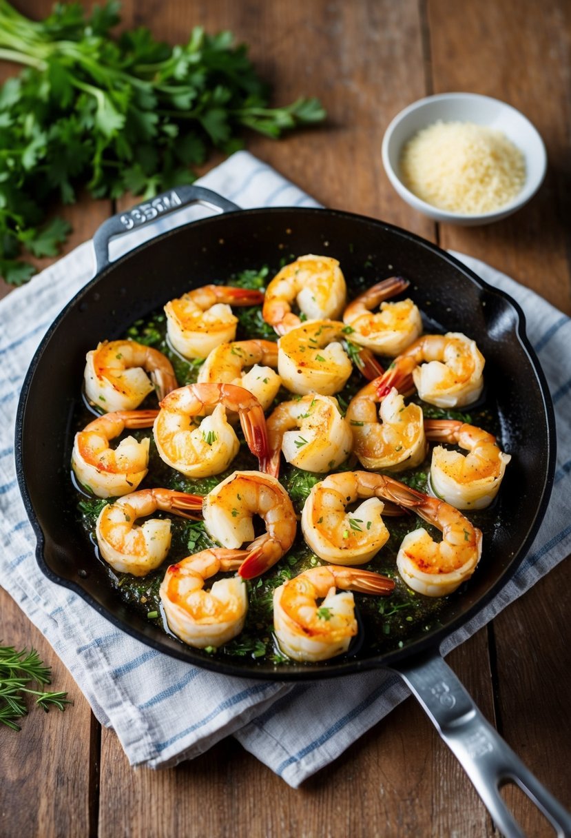 A sizzling skillet of garlic parmesan shrimp with a sprinkle of fresh herbs