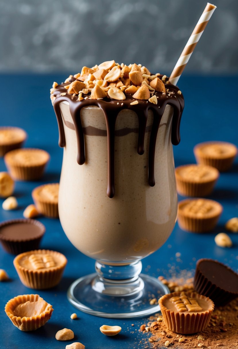 A glass filled with a creamy peanut butter cup smoothie, topped with chocolate drizzle and crushed peanuts, surrounded by scattered cocoa powder and peanut butter cups