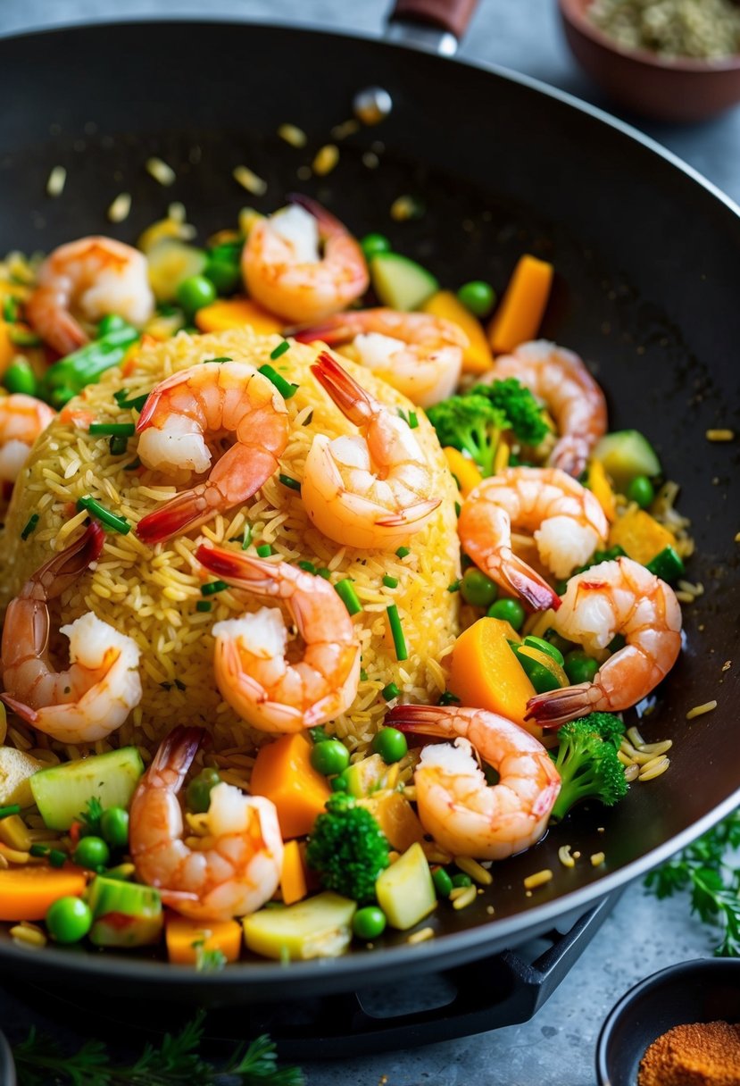 A sizzling wok filled with fluffy rice, plump shrimp, and colorful vegetables, surrounded by aromatic herbs and spices