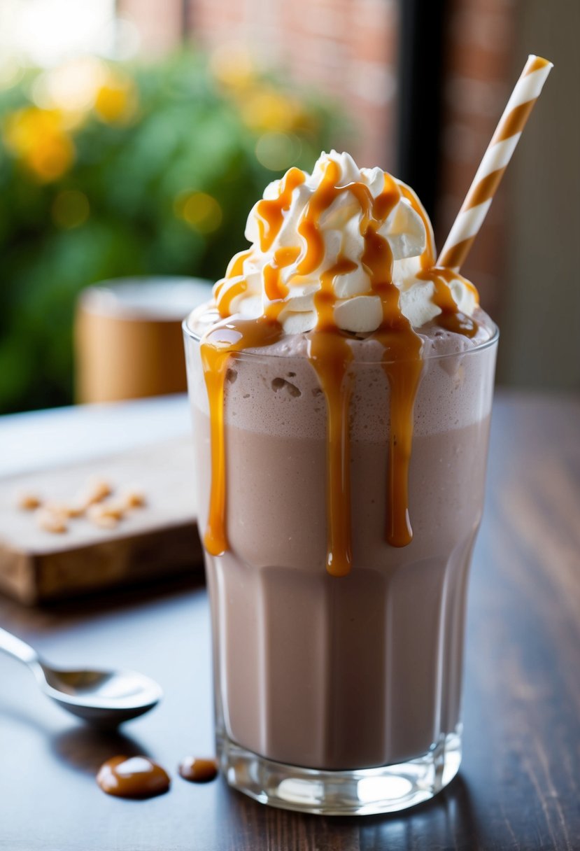 A glass filled with a creamy, chocolate-colored protein shake topped with whipped cream and drizzled with caramel sauce