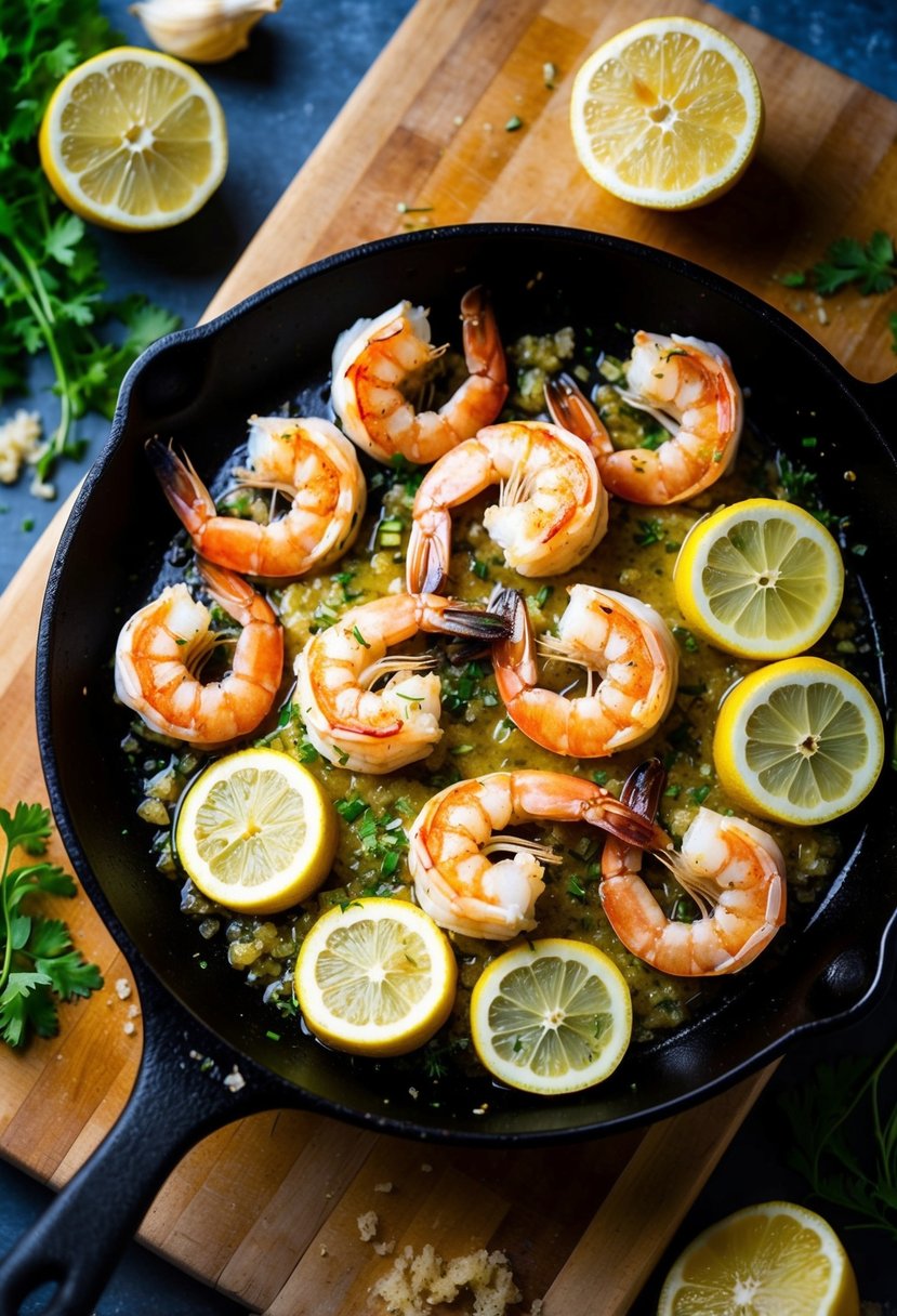 A sizzling skillet of baked shrimp, surrounded by slices of lemon and minced garlic, with a sprinkle of herbs on a wooden cutting board