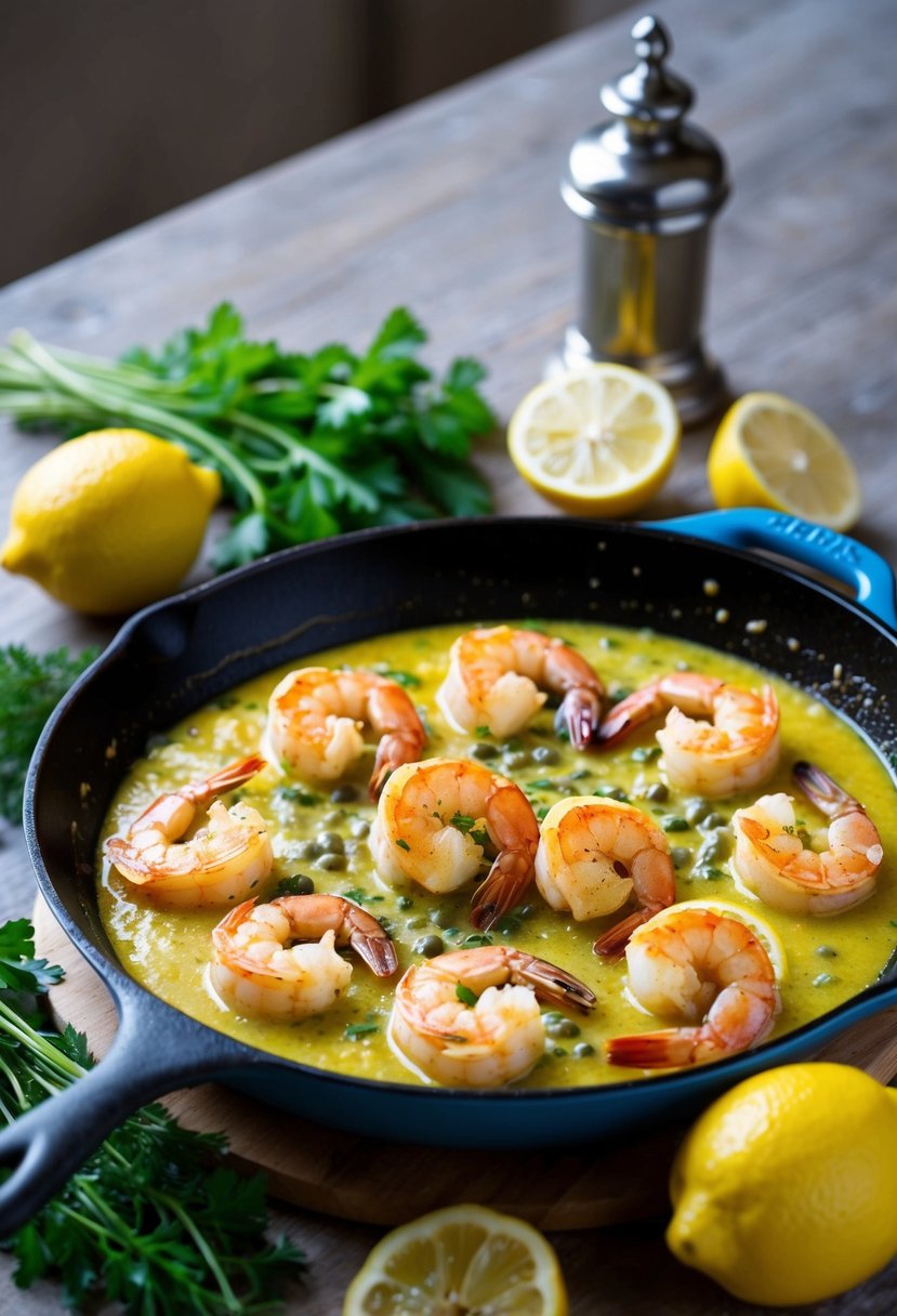 A sizzling skillet of shrimp in a zesty lemon and caper sauce, surrounded by fresh herbs and slices of lemon