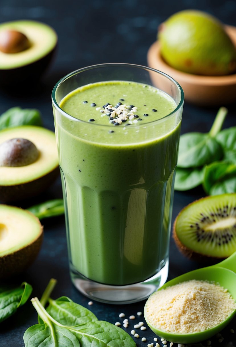 A glass filled with a vibrant green smoothie surrounded by fresh ingredients like spinach, kiwi, and avocado, with a scoop of protein powder on the side