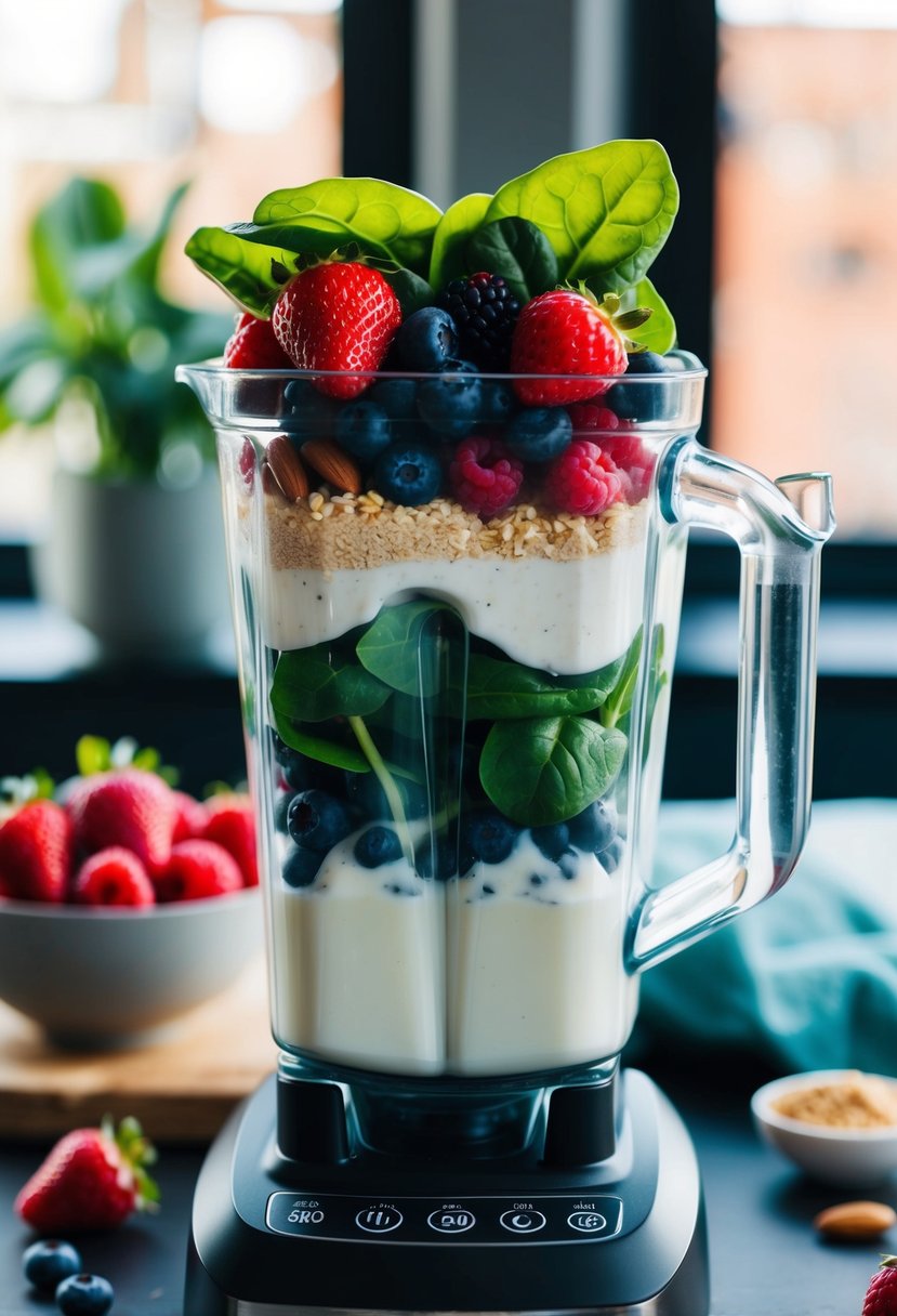 A blender filled with mixed berries, spinach leaves, protein powder, and almond milk