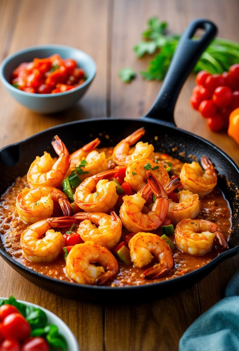 A sizzling skillet of golden-brown shrimp coated in a tangy, spicy sauce, surrounded by vibrant red and green garnishes