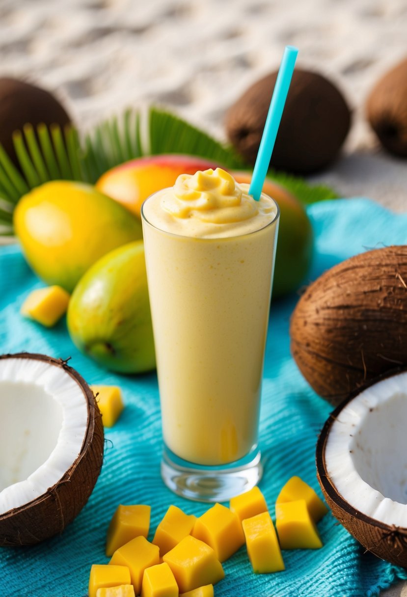 A tropical beach setting with a tall glass filled with a creamy, vibrant yellow protein shake surrounded by fresh mangoes and coconuts