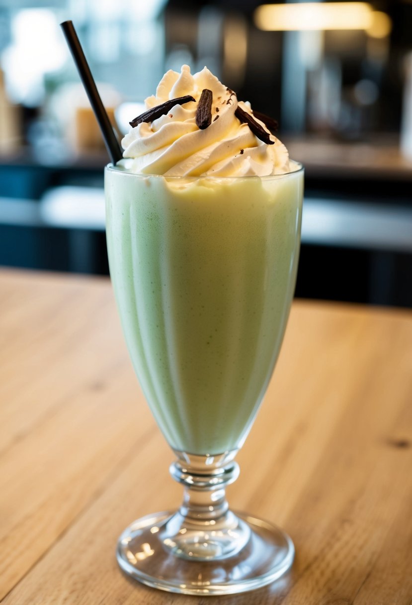 A tall glass filled with a creamy green shake, topped with a dollop of whipped cream and a sprinkle of vanilla beans