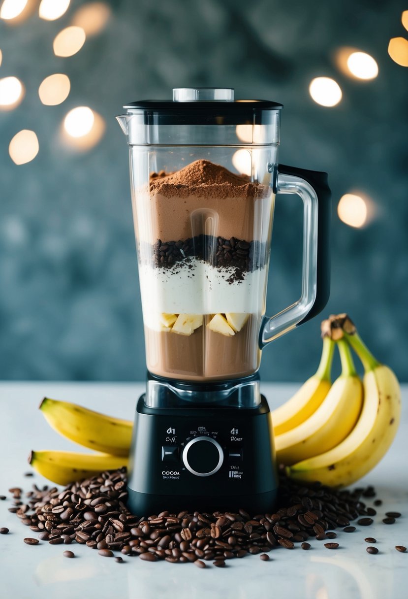 A blender filled with cocoa powder, coffee, protein powder, and bananas, surrounded by a scattering of cacao nibs and coffee beans