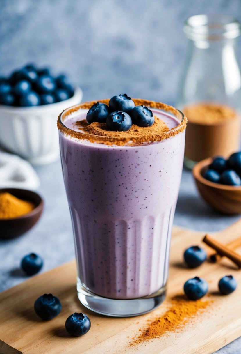 A glass filled with a creamy blueberry protein shake, swirled with cinnamon, topped with fresh blueberries and a sprinkle of cinnamon on the rim