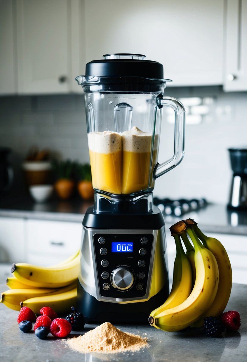 A blender surrounded by fresh bananas, ripe berries, and a scoop of protein powder on a kitchen counter