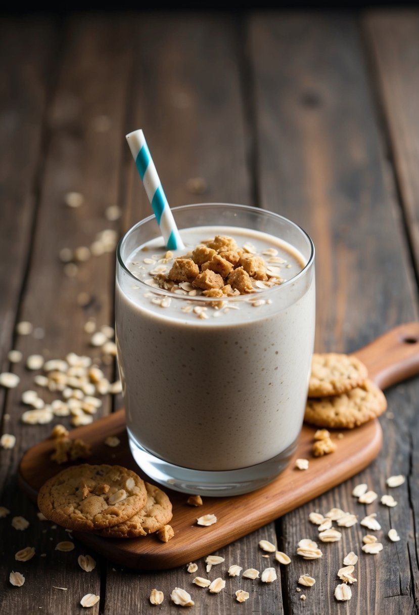 A glass filled with oatmeal cookie protein shake surrounded by scattered oats and cookie crumbs on a wooden surface