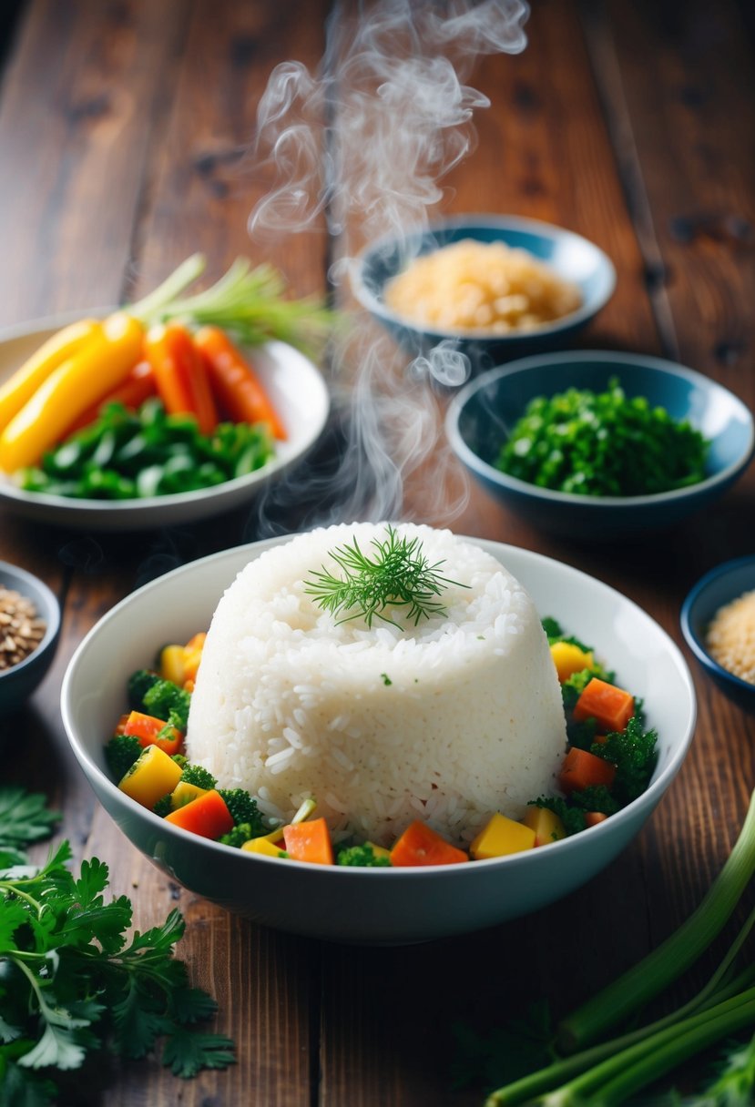 A steaming bowl of white rice surrounded by colorful vegetables and herbs on a wooden table