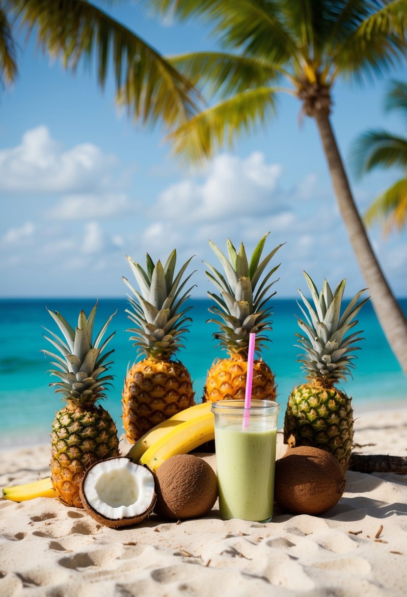 A tropical paradise scene with pineapples, coconut, and protein shake ingredients on a sandy beach with palm trees and clear blue ocean in the background