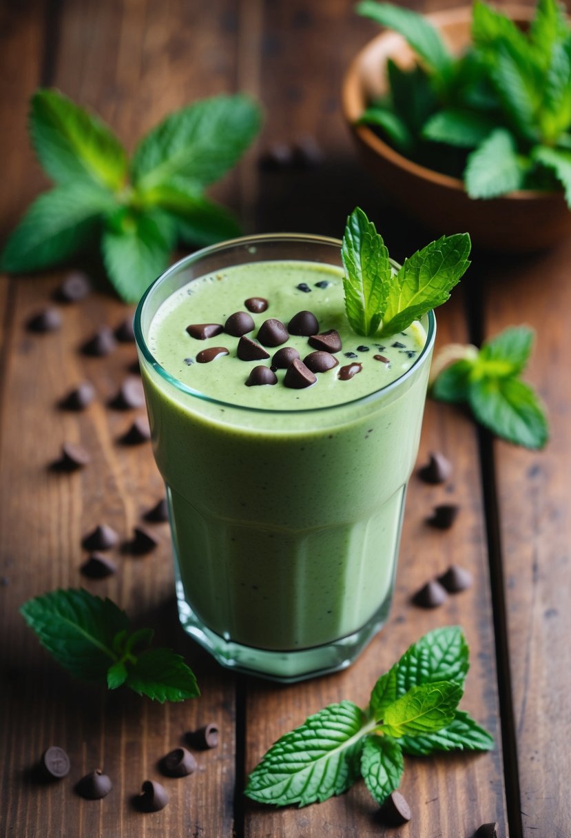 A glass filled with green matcha mint chip protein smoothie surrounded by fresh mint leaves and scattered chocolate chips on a wooden table