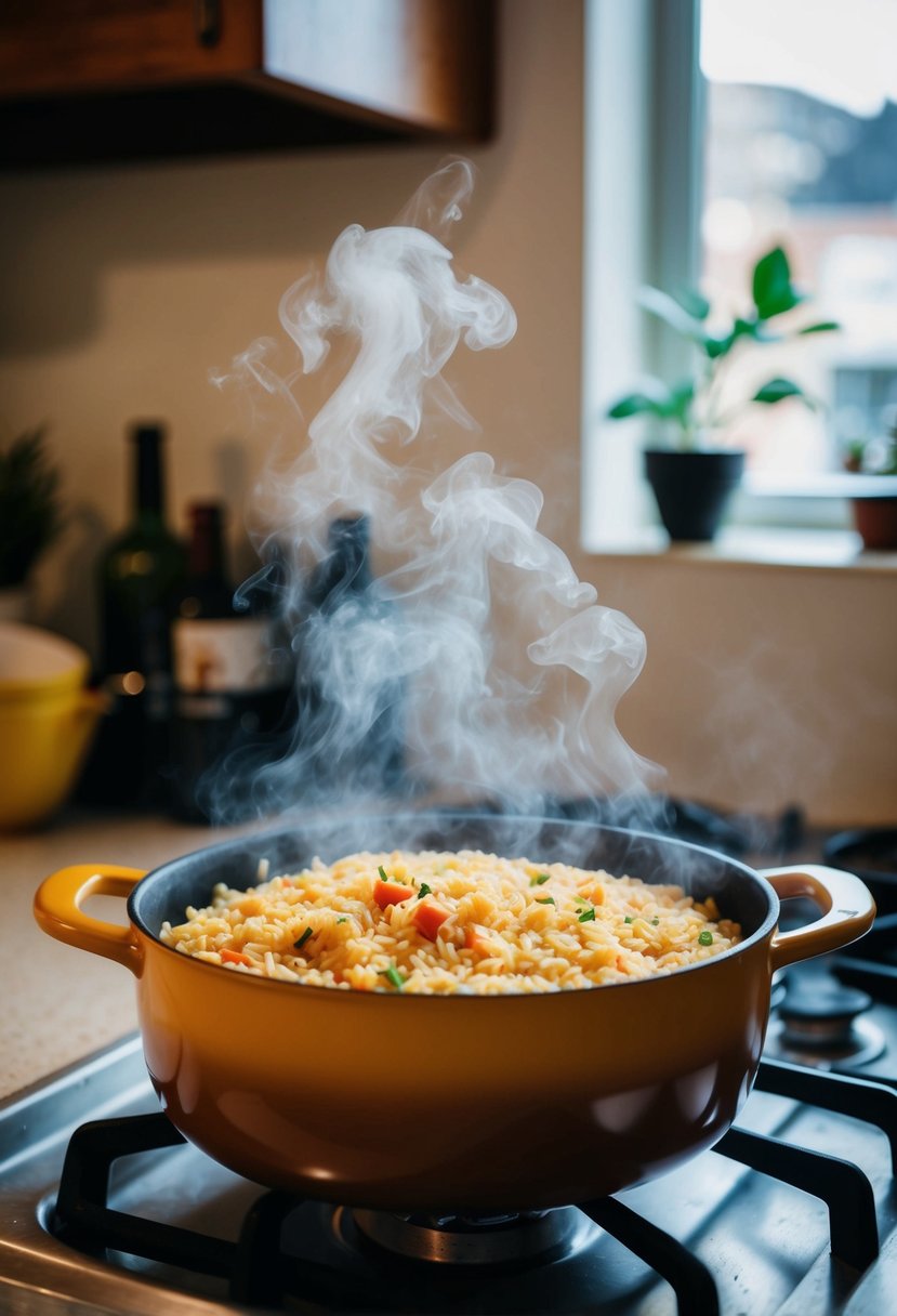 A pot of Spanish rice simmering on a stovetop, steam rising and the aroma of spices filling the air