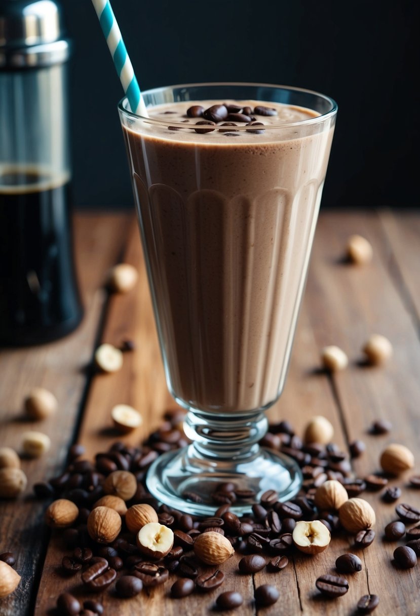 A tall glass filled with a creamy brown protein shake surrounded by scattered hazelnuts and espresso beans on a wooden table