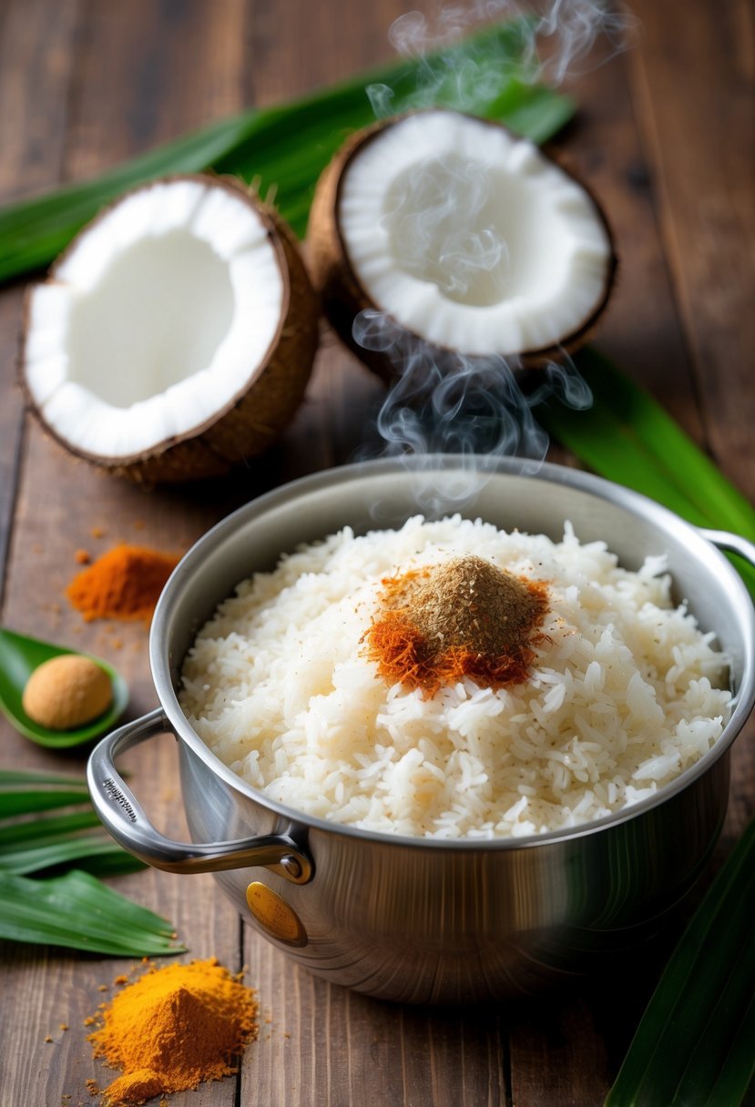 A steaming pot of coconut rice surrounded by fresh coconut and a scattering of aromatic spices on a wooden table