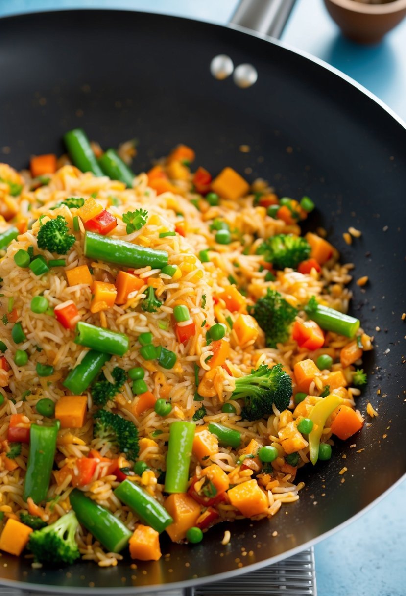 A sizzling wok filled with colorful vegetables, rice, and aromatic spices, creating a mouthwatering vegetable fried rice dish