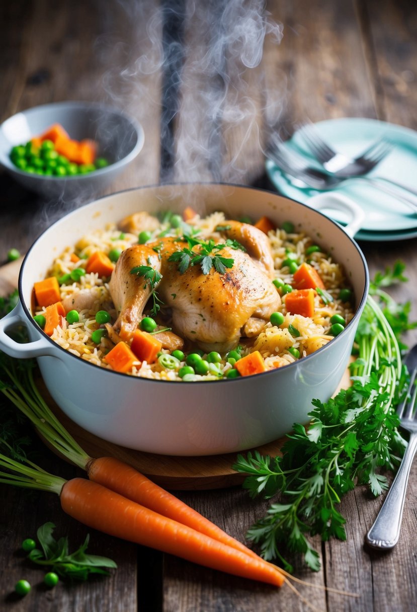 A steaming casserole dish filled with chicken and rice, surrounded by fresh ingredients like carrots, peas, and herbs, sitting on a rustic wooden table