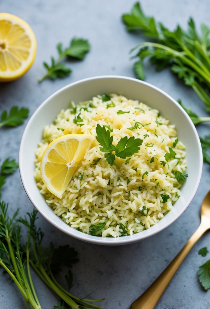 A bowl of lemon herb rice with fresh herbs scattered around