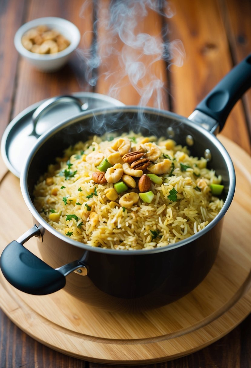 A steaming pot of rice pilaf with mixed nuts and spices on a wooden table