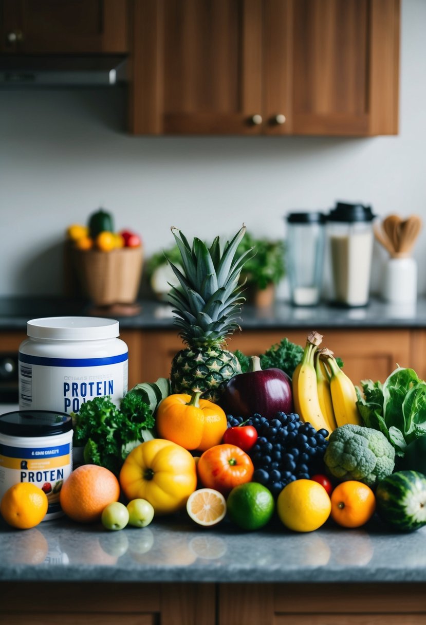 A colorful array of fresh fruits and vegetables, a blender, and a protein powder container on a kitchen counter