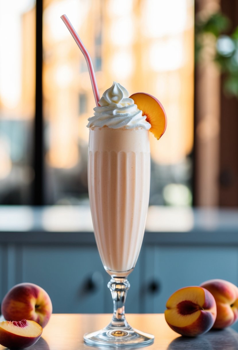 A tall glass filled with a creamy peach-colored shake, topped with a dollop of whipped cream and a fresh peach slice