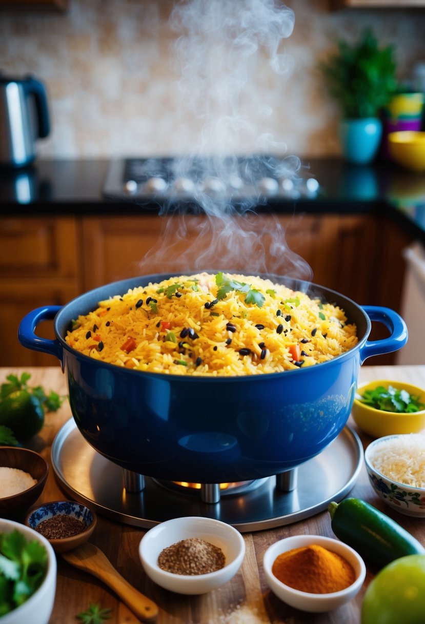 A steaming pot of Mexican rice surrounded by colorful ingredients and spices on a kitchen counter