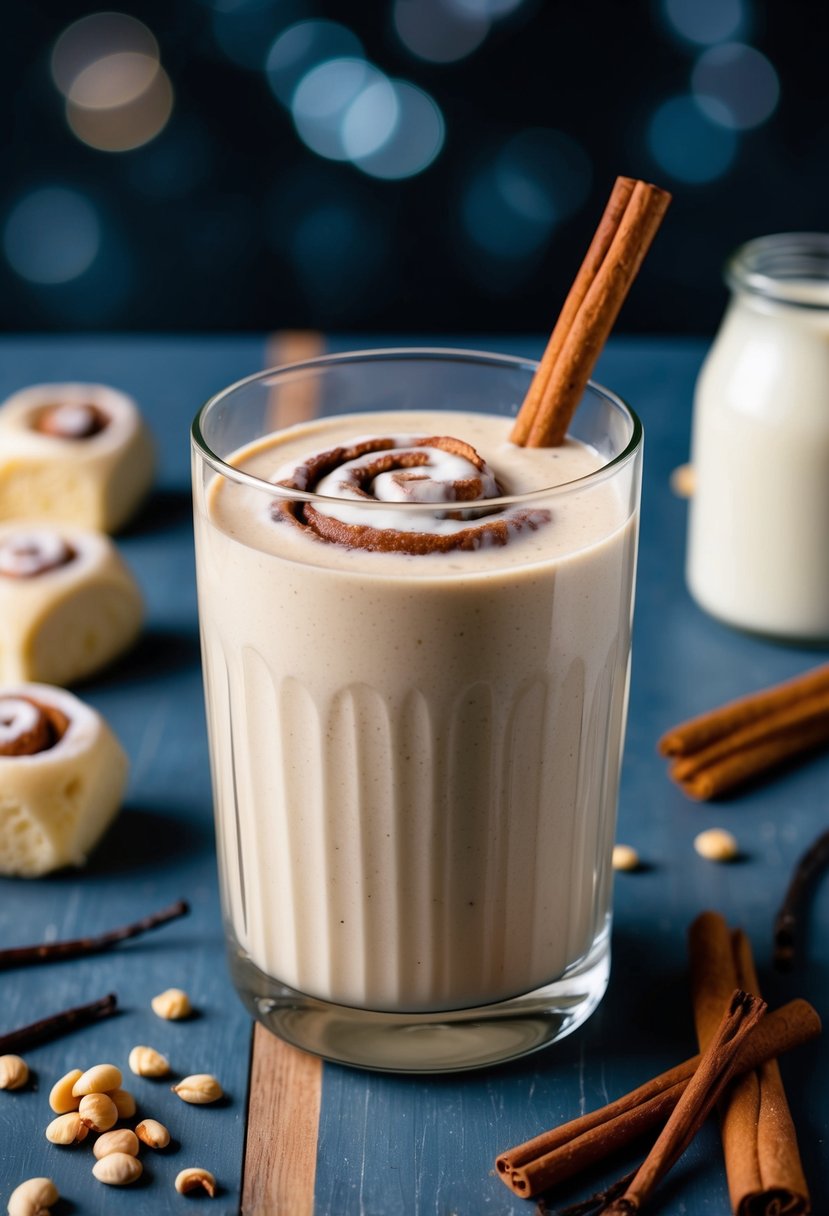 A glass filled with a creamy cinnamon roll smoothie surrounded by scattered ingredients like cinnamon sticks and vanilla beans