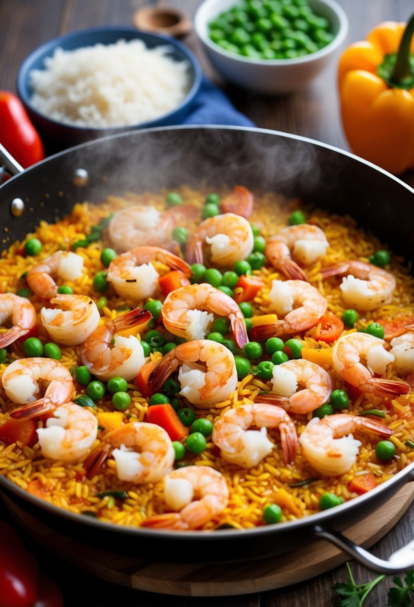 A steaming pan of shrimp paella surrounded by ingredients like white rice, saffron, bell peppers, and peas