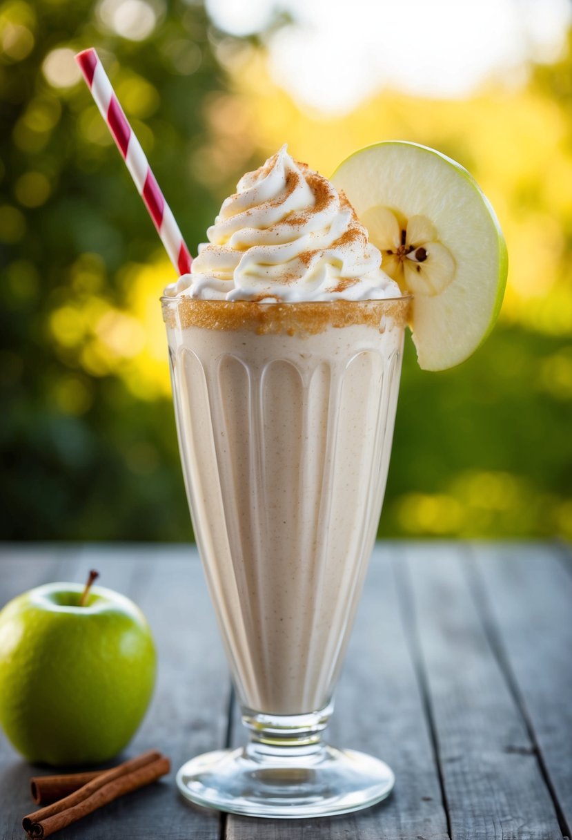 A tall glass filled with a creamy apple pie shake topped with whipped cream and a sprinkle of cinnamon, with a fresh apple slice on the rim